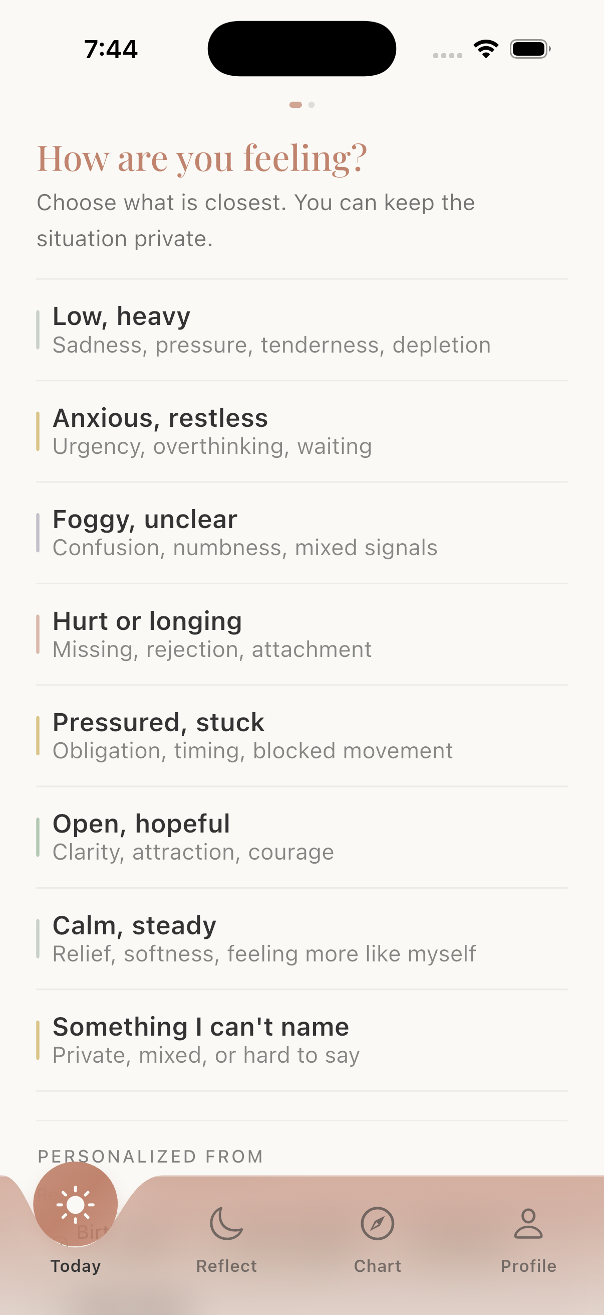 Cosmicly screen asking how the user is feeling