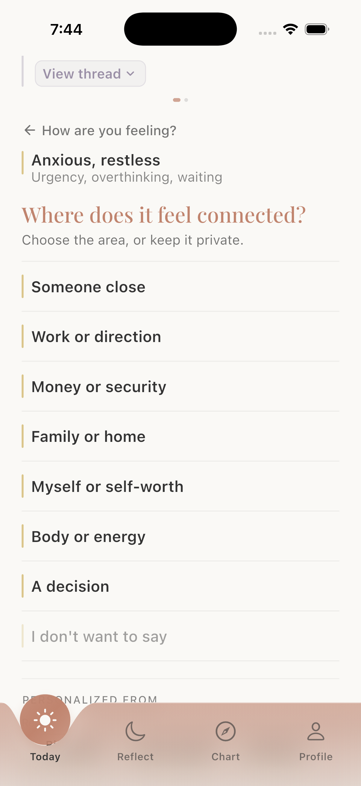 Life-area context screen